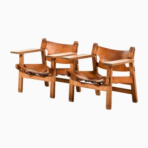 Poltrone in quercia e pelle marrone cognac attribuite a Børge Mogensen, anni '50, set di 2