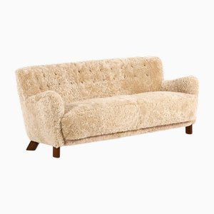 Canapé en Hêtre Retapissé en Peau de Mouton attribué à Fritz Hansen, 1941