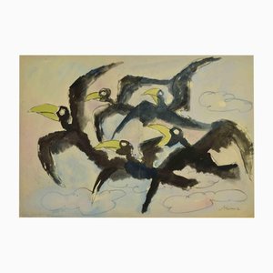 Mino Maccari, Birds, Mixed Media Drawing, Mid 20th Century
