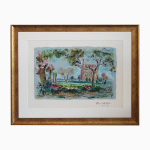 Lilian Whitteker, Paysage avec église en Touraine, France, 1968, Huile sur Papier