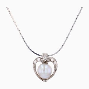 Colgante de perla fina de diamantes y platino y collar de cadena de oro blanco de 18 kt, años 20
