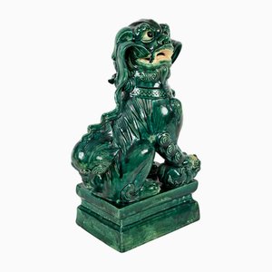 Lion Foo Dog grande antico in ceramica smaltata verde, Cina, inizio XX secolo