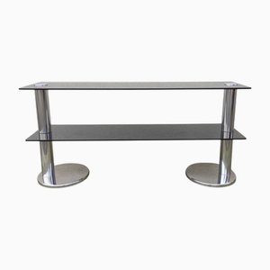 Consolle vintage in vetro fumé, acciaio e placcatura in cromo, anni '70