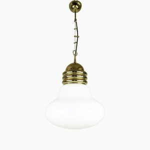 Lampe à Suspension en Verre Blanc et Métal Doré de style Piero Brombin pour Artemide, 1960s