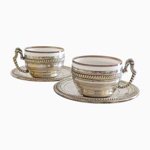 Tazas de café y platos victorianos de plata de alpaca, siglo XIX, Inglaterra. Juego de 4