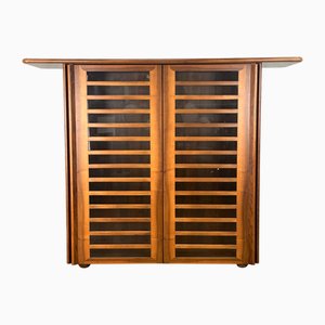 Tall Vintage Italian Sideboard Cabinet with Walnut Wood and Glass