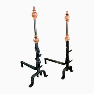 Large 18th Century Castle Landiers Monogrammed Andirons in Burgundy, Set of 2
