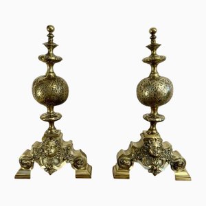 Victorian Ornate Brass Firedogs, 1880s, Set of 2