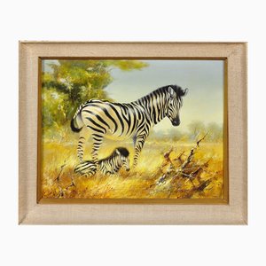 Douglas Van Howd, Zebra Mare and Foal, Dipinto a olio, anni '80, con cornice