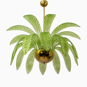 Mid-Century Modern Palm Leaf Chandelier in Murano Glass and Brass from Maestri Muranesi, 1970s