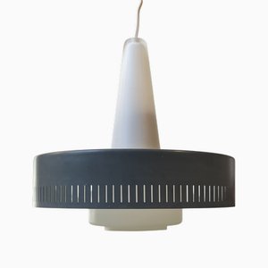 Danish Modernist Pendant Lamp in Opaline Glass and Gray Metal from Fog & Mørup, 1960s