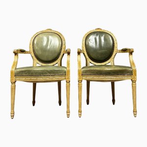 Set of Louis Xvi Cabriolet Armchairs with Medallion Backs in Limed Wood, 19th Century