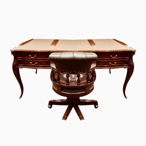Vintage English Writing Table with Desk Chair, Set of 2