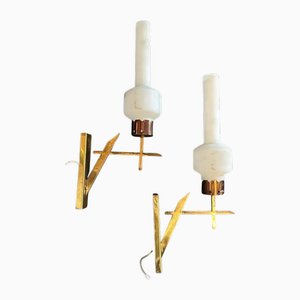 Italian Mid-Century Modern Brass and Glass Wall Sconces in the style of Stilnovo, 1950s, Set of 2