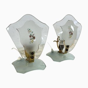 Decorated Glass and Brass Bedside Lamps, 1950s, Set of 2