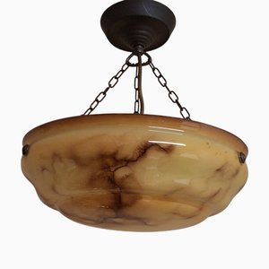 German Art Deco Ceiling Lamp with Beige-Brown Marbled Glass Bowl on Brass Mount, 1920s