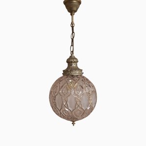 Lámpara de techo vintage con bola de vidrio en relieve grande con soporte de metal, años 70