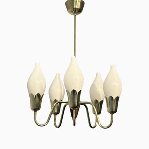 Scandinavian Tulip Chandelier in Brass and Glass from Fog & Mørup, 1950s