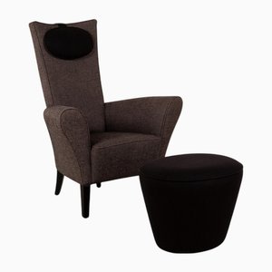 Set of Fox Lounge Chair in Brown Black Fabric with Stool from WK Wohnen