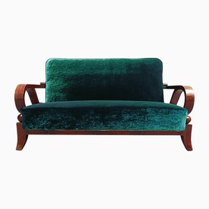 Canapé Art Déco en Noyer et Velours Vert, Italie, 1940s