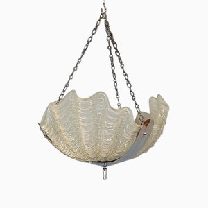 Art Deco Clam Shell Frosted Glass and Chrome Hanging Light, 1920s