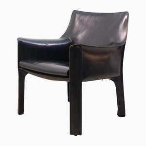 Cab 414 Chairs in Black Stitched Leather attributed to Mario Bellini for Cassina, 1980s