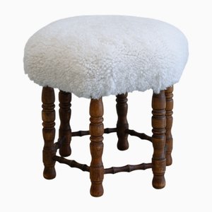 Sechseckiger dänischer Vintage Hocker mit Lammwolle, 1930er