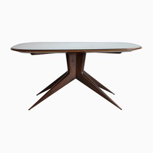 Tavolo da pranzo con struttura in legno e ripiano in vetro colorato, anni '50