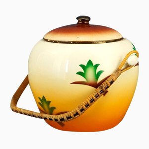 Italian Futurist Style Palmette Decoration Ceramic Biscuit Jar by Angelo Simonetto for Galvani Pordenone, 1930s