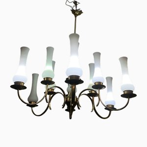 Lustre à 12 Lampes en Laiton et Verre attribué à Luci Italia, 1950s