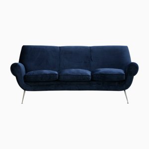 Italian Curved Sofa in Navy Blue Cotton Velvet by Gigi Radice for Minotti, 1950s