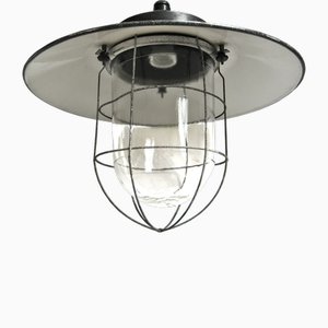 Industrielle Vintage Bakelit Wandleuchte aus klarem Glas in Grauer Emaille