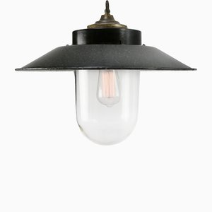 Vintage Industrial Bakelite Brass and Glass Pendant Light in Grey Enamel