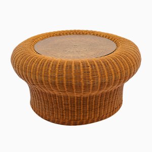 Runder Couchtisch aus Rattan & Glas, 1960er