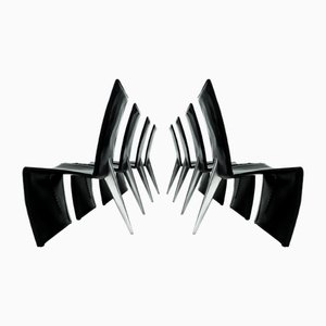 First Edition Ed Archer Chairs in Black Leather and Aluminium by Philippe Starck for Aleph, 1987, Set of 8