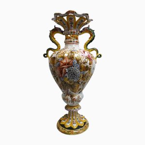 Renaissance Style Hand-Painted Majolica Vase with Flowers and Dragon-Shaped Handles from Nove Bassano, Italy, 1950s