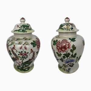 19th Century China Porcelain Pot with Peony Decoration and Birds, Set of 2