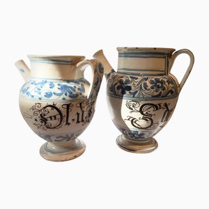 White and Blue Ceramic Pharmacy Carafes, Italy, Mid-18th Century, Set of 2