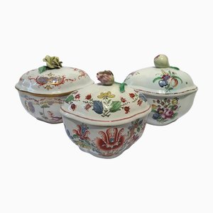 Porcelain Sugar Bowls with Floral Decor by Richard Ginori, Italy, 1760s, Set of 3