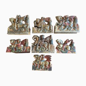 Wooden Tiles with Rural Scenes, Sicily, Italy, 1890s, Set of 7