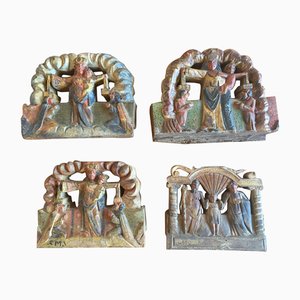 Wooden Tiles with Rural Scenes, Sicily, Italy, 1890s, Set of 4