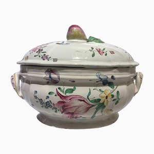Mid-18th Century Porcelain Soup Bowl with Flowers & Fruits Drawings, France