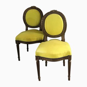 Set of Mid-19th Century French Provincial Wooden Chairs in Yellow Linen, 1850