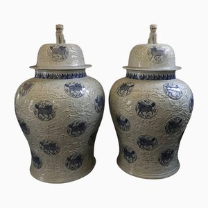 Vasi giganti decorativi in porcellana blu e bianchi, set di 2