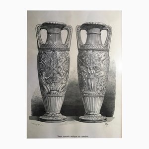 French Artist, Neoclassical Roman Marble Urns, 1850, Black and White Print