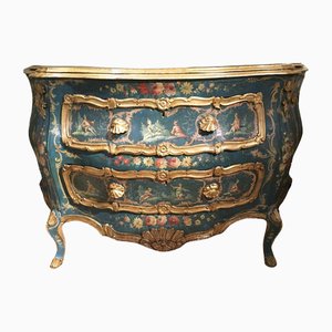 Antique Venezia Blue and Green Lacquered Wooden Engraved Commode with Flowers, 1750
