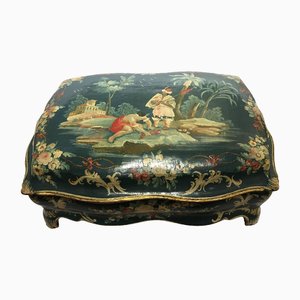 Venezia Blue Lacquered Wooden Box with Flowers and Figures, 1750