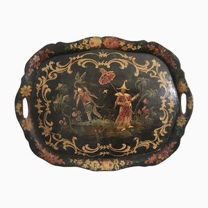 Venezia Green Lacquered Wooden Tray with Chinese Figures