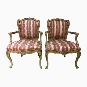 Venetian Green Lacquered Wooden Armchairs with Floral Decoration, 1750, Set of 2