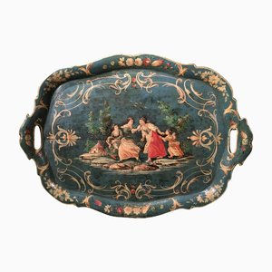 Venetian Blue Lacquered Wooden Tray with Rural Scenes and Flowers, 1750